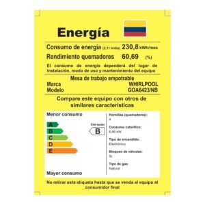 Estufa WHIRLPOOL 59 cm 4 Puestos Gas Natural 220V GOA6423NB - Image 8