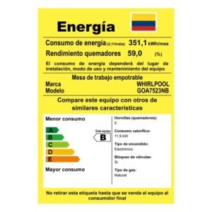 Estufa WHIRLPOOL 73 cm 5 Puestos Gas Natural 110V GOA7523NB - Image 8