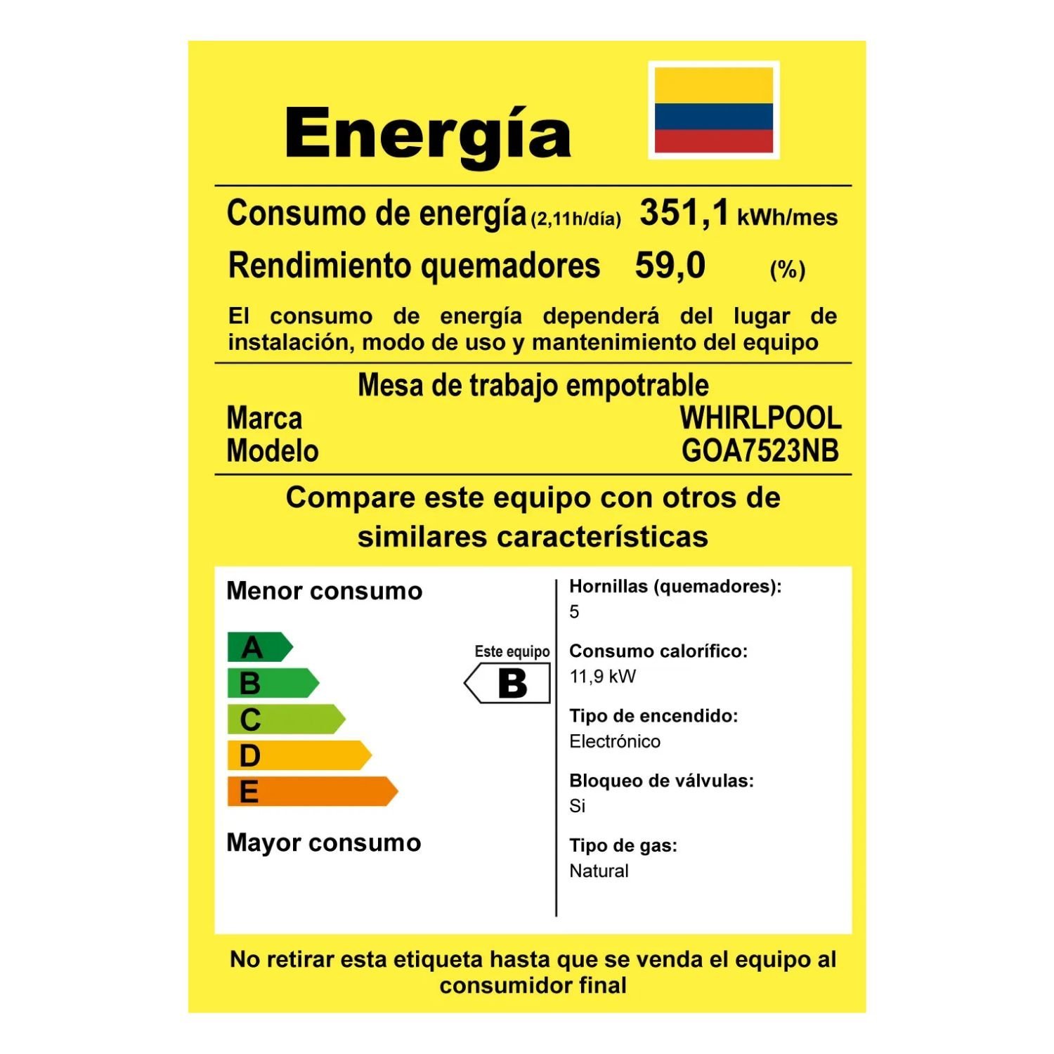 Estufa WHIRLPOOL 73 cm 5 Puestos Gas Natural 110V GOA7523NB - Image 8