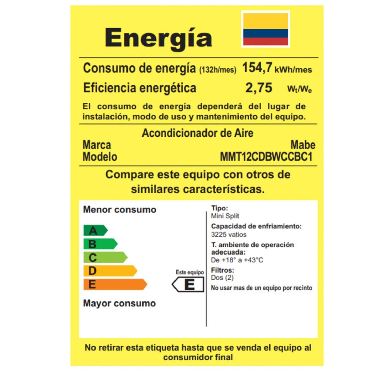 Aire Acondicionado 12000 BTU On/Off 220V MABE MMT12CDBWCCBC1 - Image 8