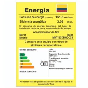Aire Acondicionado 12000 BTU On/Off 220V MABE MMT12CDBWCCC8 - Image 6