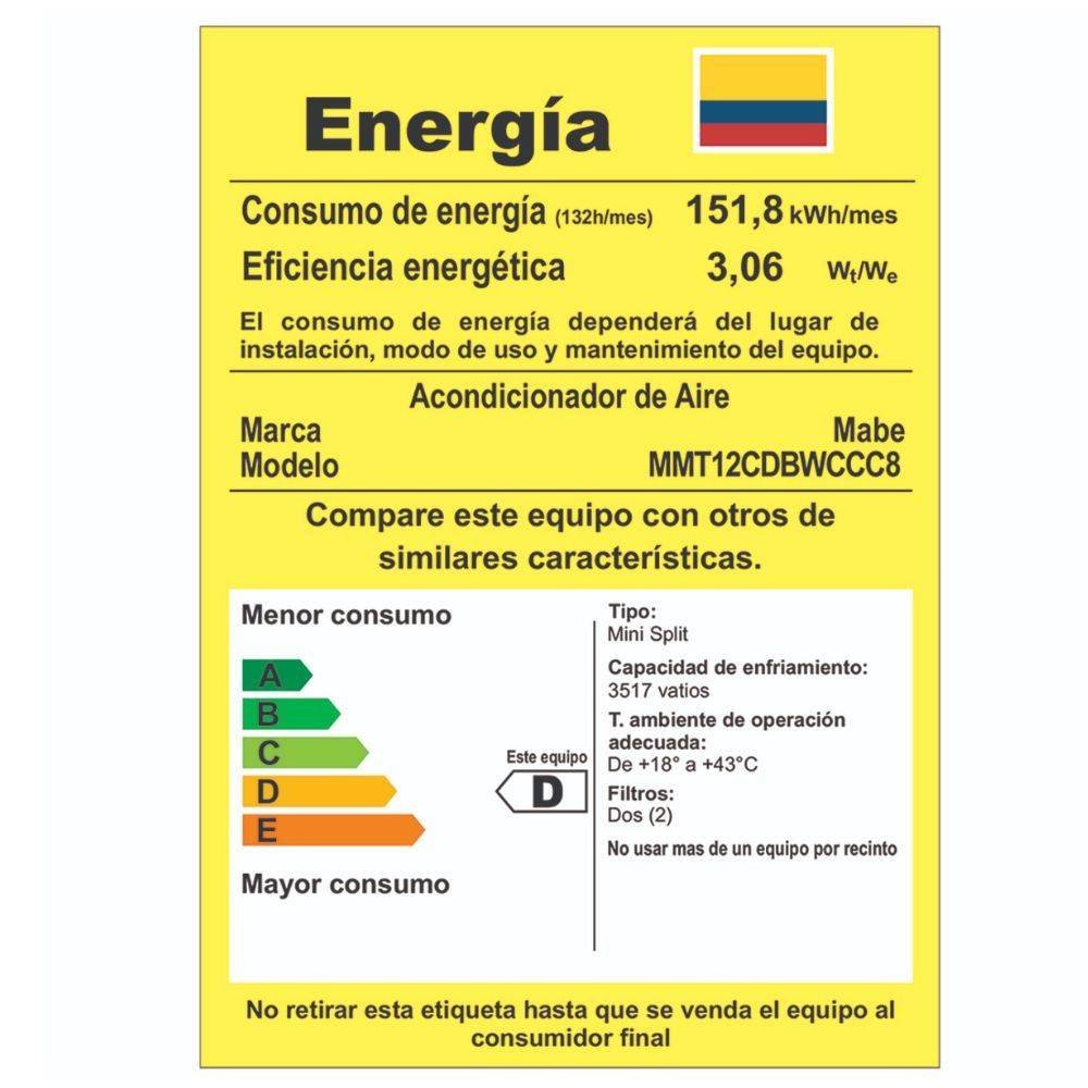 Aire Acondicionado 12000 BTU On/Off 220V MABE MMT12CDBWCCC8 - Image 6