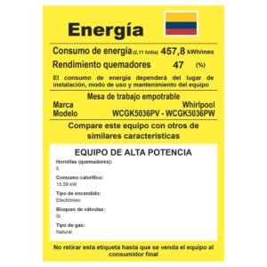 Estufa WHIRLPOOL 91cm 5 Puestos Gas Natural WCGK5036PV - Image 7