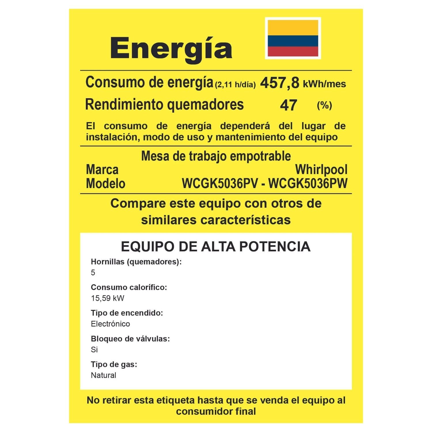 Estufa WHIRLPOOL 91cm 5 Puestos Gas Natural WCGK5036PV - Image 7